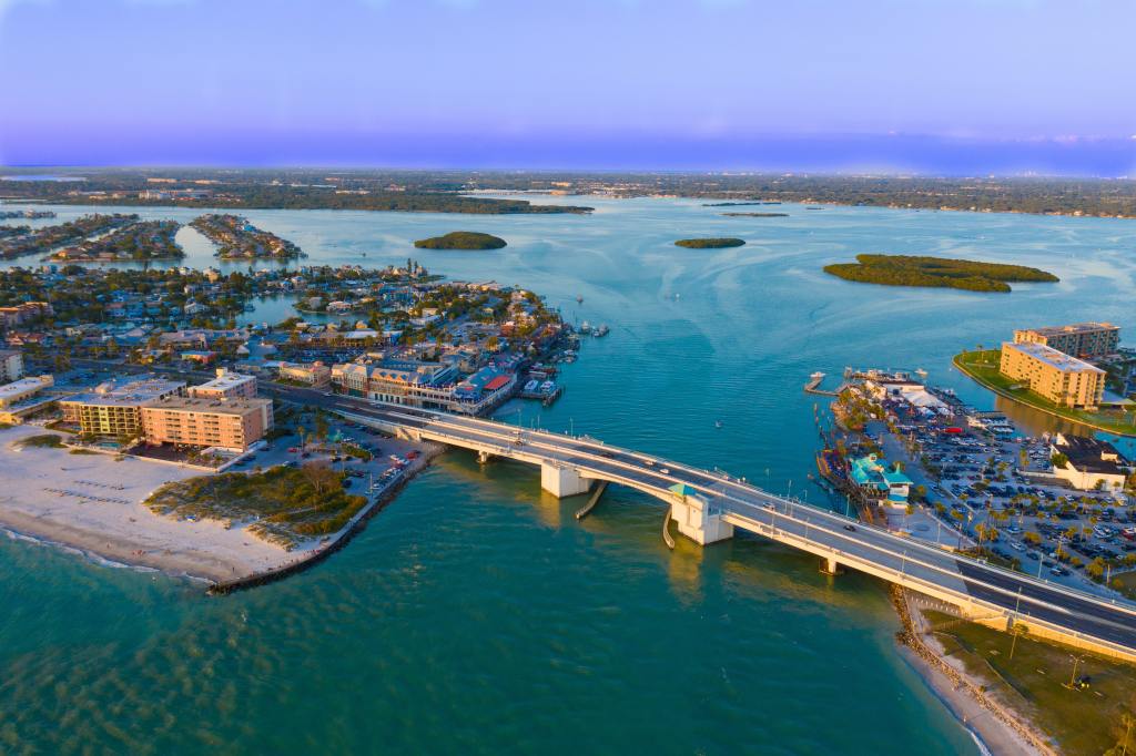 Aerial View of Johns Pass Village and Boardwalk at Madeira Beach, Florida.